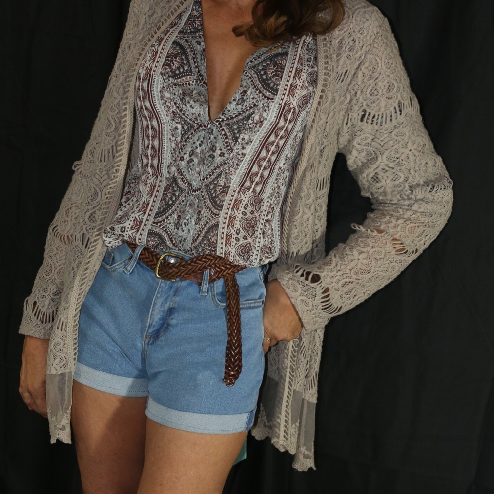 Two piece matching chiffon shirt and lace cardigan